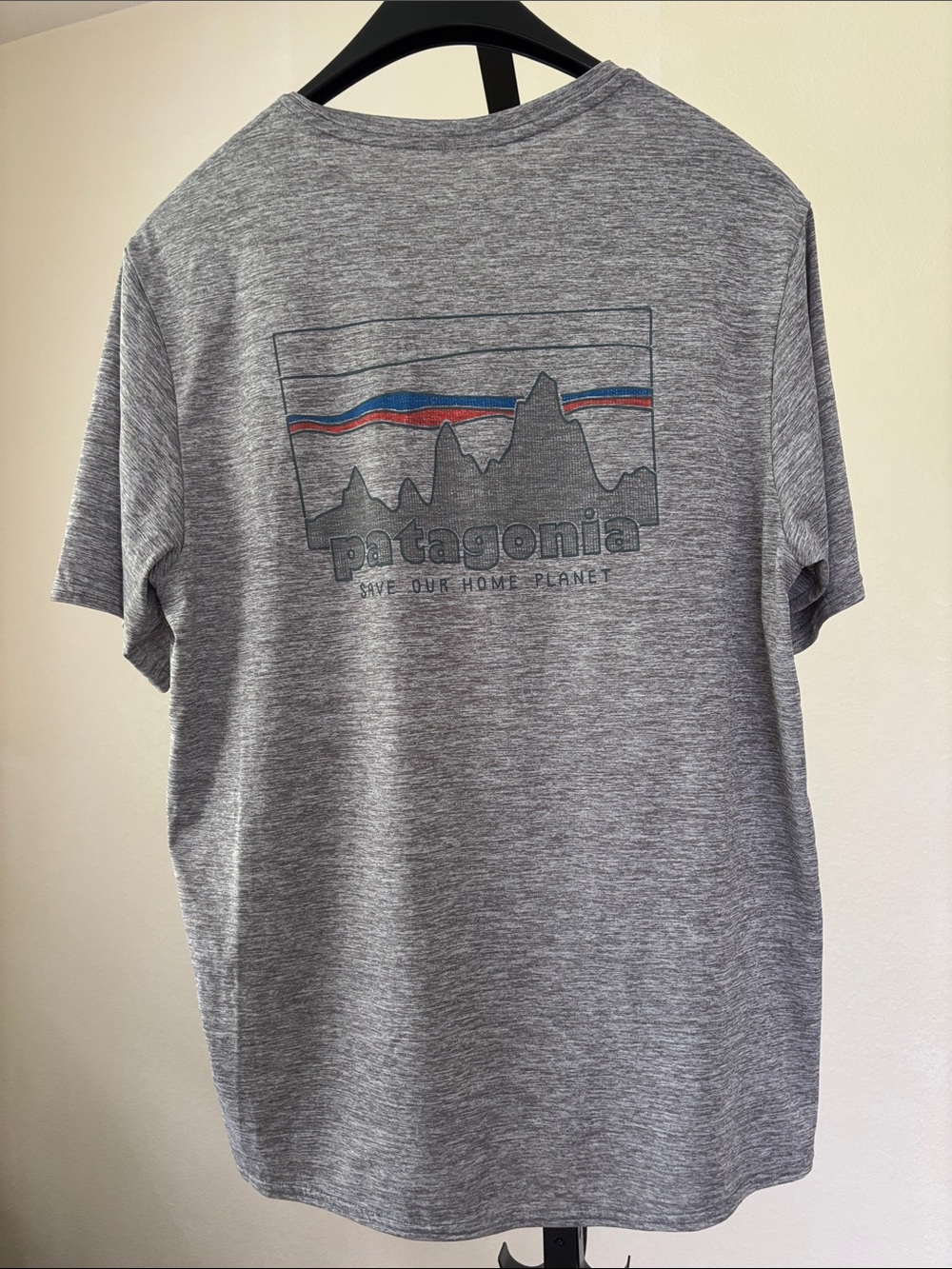 Patagonia Heather Gray Short-Sleeve Logo Tee with Red & Blue Stripe